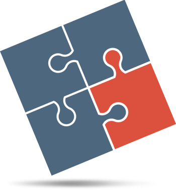 A four-piece jigsaw puzzle with three blue pieces and one red-orange piece